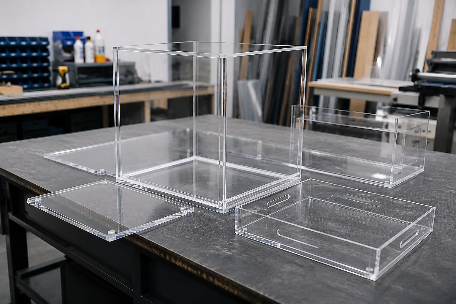 Custom acrylic fabrication — cases and trays, polished