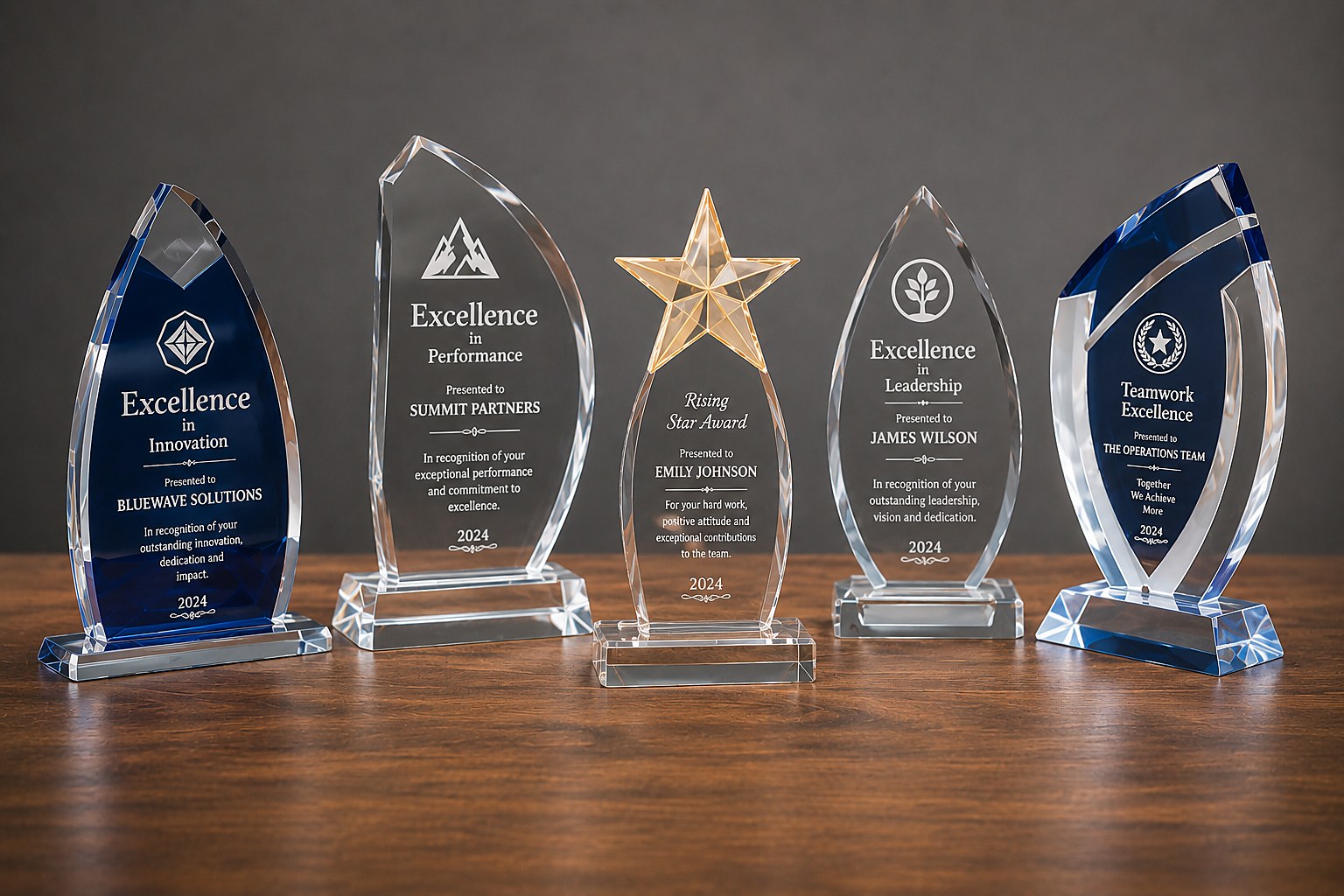 Awards & recognition — finished tiers, etched and ready to ship